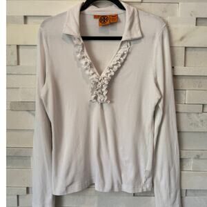 TORY BURCH White Pima Cotton Ruffle Plunge Neck Long Sleeve Shirt Blouse L